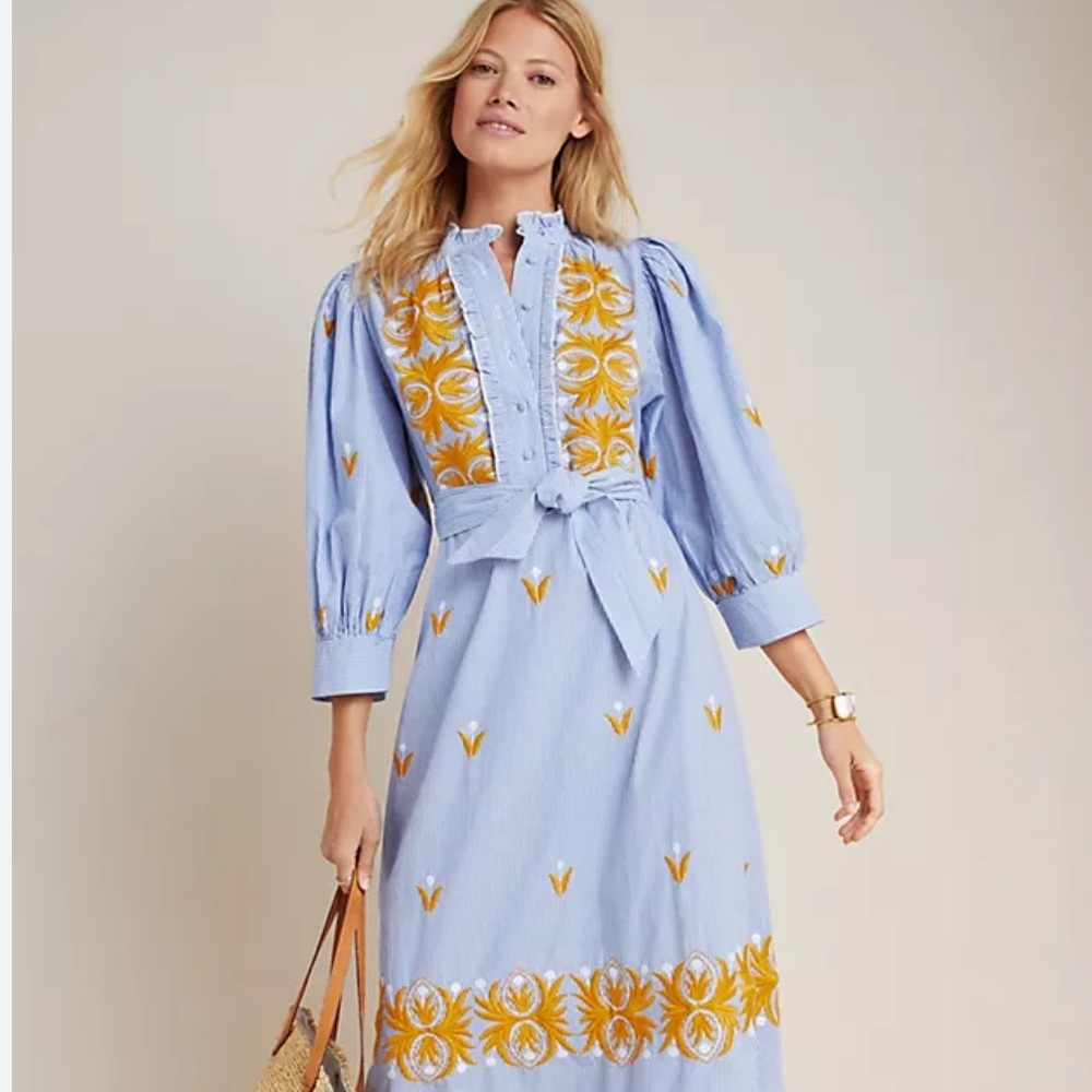 Antik Batik Blue and Yellow Maxi embroidered with Bishop Sleeves size L/42